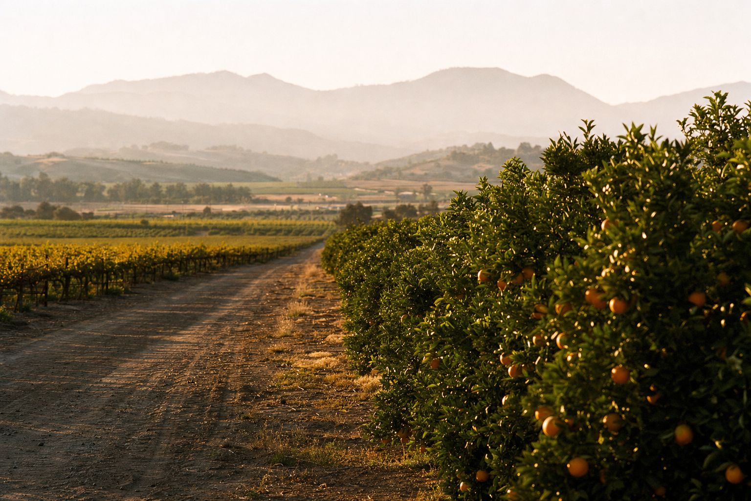 Citrus grove and vineyard rows at sunrise in California's Central Valley with the Sierra foothills in the distance